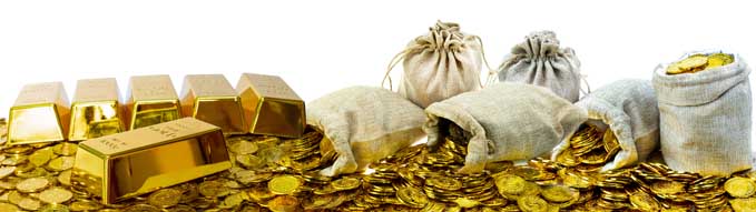 A lot of stacking gold bar 1kg and gold coin and in treasure sack on white background