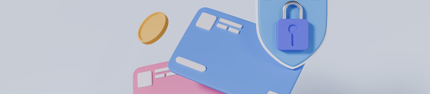 Emphasizing the security of digital transactions with credit card, coins, shield, and padlock, importance of safety and protection in online payments