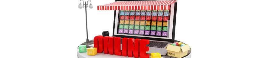 3d illustration. Laptop with mobile app stores. E-commerce, online shopping concept.