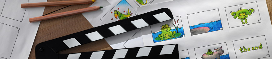 Storyboards with cartoon sketches at workplace, flat lay. Pre-production process