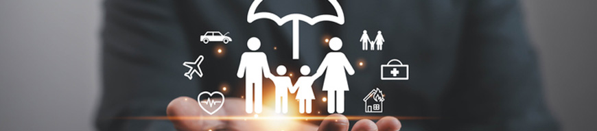 Family insurance protection concept with umbrella and glowing icons representing health, home, travel, and life coverage, symbolizing security, safety, and digital assurance for modern lifestyle.